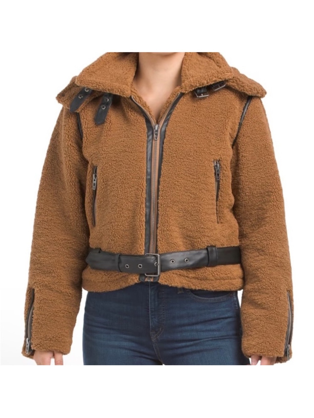 BLANKNYC Teddy Bear Faux Shearling Moto Jacket Brown Small